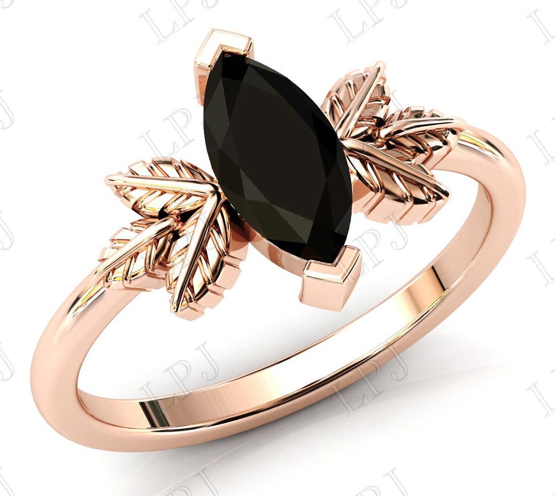 Vintage Blatt Stil Schwarzer Onyx Verlobungsring Für Frauen Art Deco Ehering Rosegold Schwarz Antik Schwarzer Ring von LiverpoolJewelry