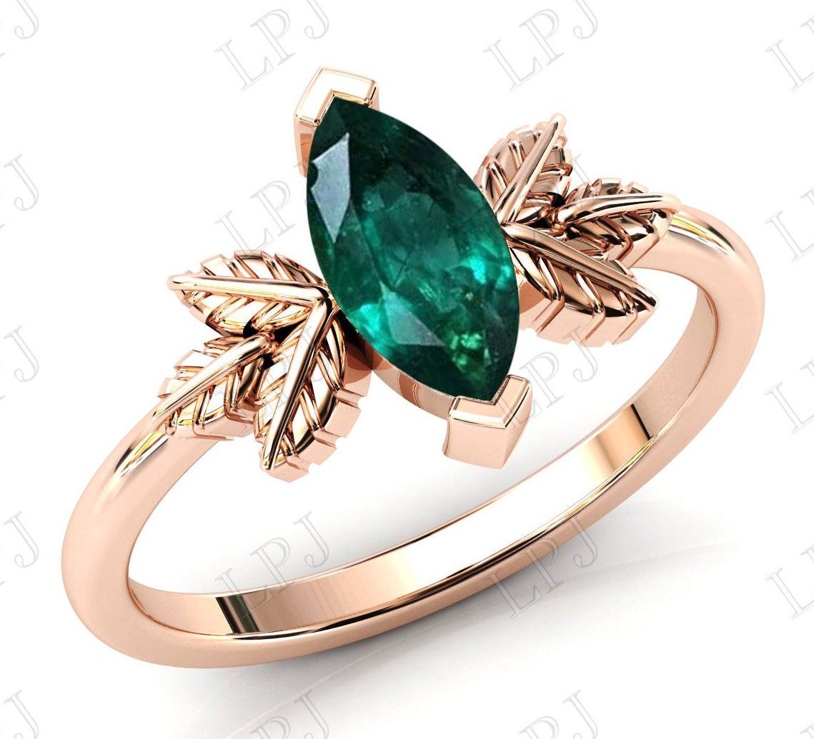 Vintage Blatt Stil Smaragd Verlobungsring Für Frauen Rosegold Ehering Art Deco Grün Braut Jahrestag Ring von LiverpoolJewelry