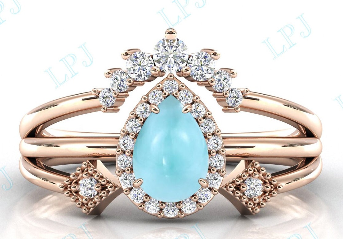 Vintage Larimar Verlobungsring Set Art Deco Ehering 14K Gold Unikat Braut Versprechen Ring Jahrestag Geschenk Für Frauen von LiverpoolJewelry