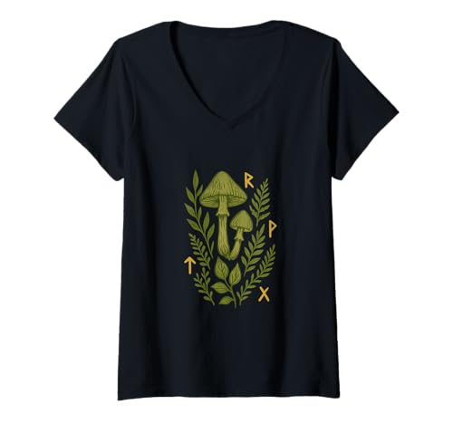 Damen Mystische Pilzrune - handgezeichneter Botanischer Wald T-Shirt mit V-Ausschnitt Damen Mystische Pilzrune - handgezeichneter Botanischer Wald T-Shirt mit V-Ausschnitt von Livin Life Designs
