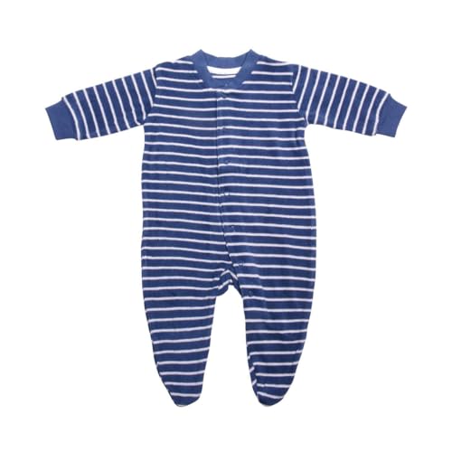 Living Crafts - BEE | Schlafanzug - Warmes weiches Frottee, mit Füßchen, durchgehende Knopfleiste, Rippbündchen, Chrom- und Nickelfreie Druckknöpfe (80 cm, Denim Blue/White Striped) von Living Crafts