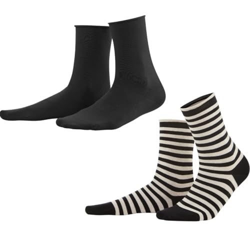 Living Crafts - ALEXIS | Socken, 2er-Pack - Mittelhoher Schaft, Ideal für Damen, Bio-Baumwolle Material, Gestreifter und Unifarbener Look (39-42, Black/Sand) von Living Crafts