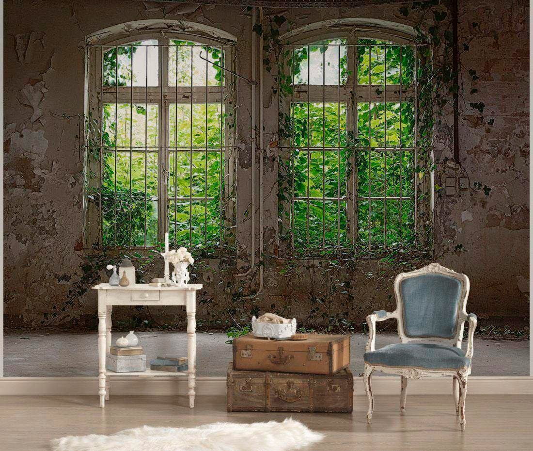 living walls Fototapete "Old Windows Vlies" glatt Fototapete Fenster mit Pflanzen Beige Grau Grün 3,50 m x 2,55 m von Living Walls