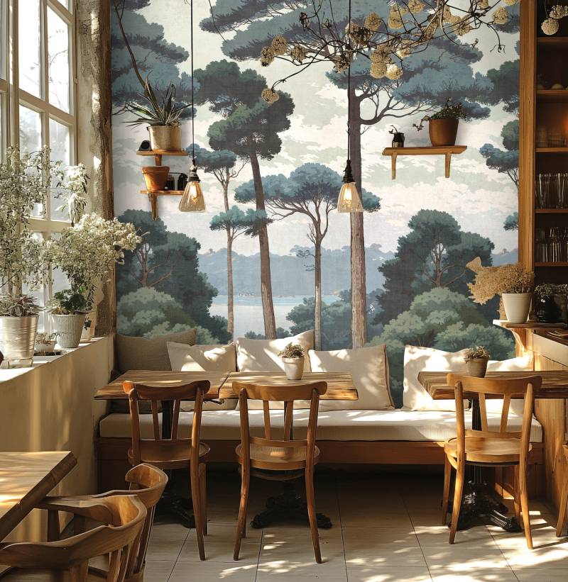 living walls Vliestapete "Fototapete Wald Kiefern Grau Grün erweiterbar" Wald strukturiert von Living Walls