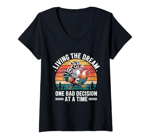 Damen Living The Dream One Bad Decision at A Time Lustiger Waschbär T-Shirt mit V-Ausschnitt Damen Living The Dream One Bad Decision at A Time Lustiger Waschbär T-Shirt mit V-Ausschnitt von Living the Dream Funny Raccoon Rooster Animal