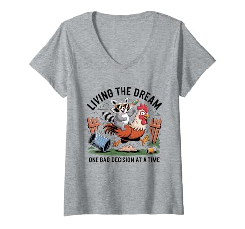 Damen Living The Dream One Bad Decision at A Time Lustiger Waschbär T-Shirt mit V-Ausschnitt Damen Living The Dream One Bad Decision at A Time Lustiger Waschbär T-Shirt mit V-Ausschnitt von Living the Dream Funny Raccoon Rooster Animal