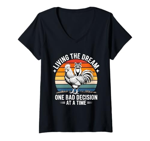 Damen Living The Dream One Bad Decision at A Time Lustiger Waschbär T-Shirt mit V-Ausschnitt Damen Living The Dream One Bad Decision at A Time Lustiger Waschbär T-Shirt mit V-Ausschnitt von Living the Dream Funny Raccoon Rooster Animal