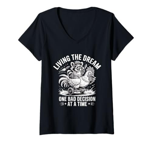 Damen Living The Dream One Bad Decision at A Time Lustiger Waschbär T-Shirt mit V-Ausschnitt Damen Living The Dream One Bad Decision at A Time Lustiger Waschbär T-Shirt mit V-Ausschnitt von Living the Dream Funny Raccoon Rooster Animal