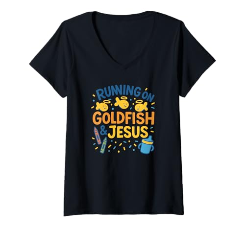 Damen Running on Goldfish & Jesus Christian Vorschullehrer T-Shirt mit V-Ausschnitt von Living2Serve Inspired