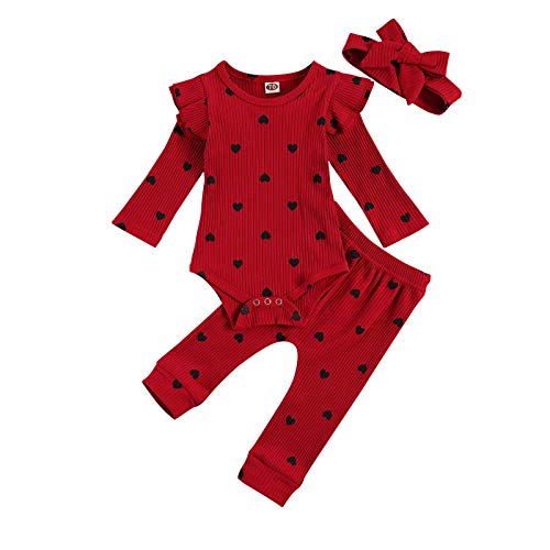 Livingsenburg Baby Mädchen Langarm Red Romper Floral Hose Stirnband 3 Stück Kleinkind Kurzarm Tie Dye Tops Hosen Weihnachtsoutfits Set für 0-24 Monate (6-12Months, R-Rot) von Livingsenburg