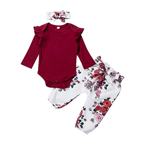 Livingsenburg Baby Mädchen Langarm Red Romper Floral Hose Stirnband 3 Stück Kleinkind Kurzarm Tops Hosen Outfits Set für 0-24 Monate (0-3Monate, F-Rot) von Livingsenburg