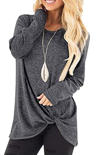 Livonmone Damen Langarmshirt Rundhals Oberteile Casual Lose Tshirt Einfarbige Langen Ärmeln Shirts Basic Baumwolle Tunika Bluse Tops (Dunkelgrau, L) von Livonmone