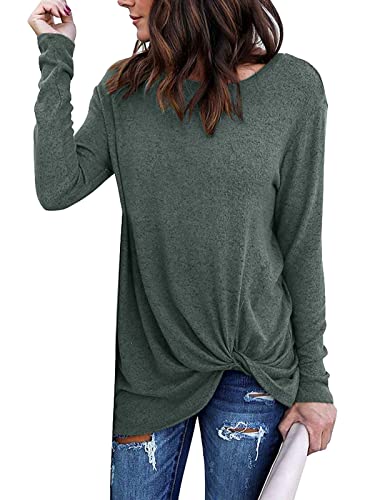 Damen Langarmshirt Rundhals Oberteile Casual Lose Tshirt Einfarbige Langen Ärmeln Shirts Basic Baumwolle Tunika Bluse Tops (Grün-1, L) von Livonmone