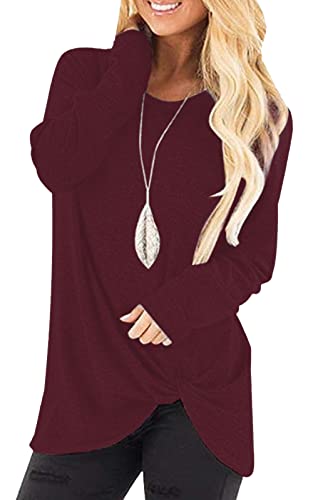 Livonmone Damen Langarmshirt Rundhals Oberteile Casual Lose Tshirt Einfarbige Langen Ärmeln Shirts Basic Baumwolle Tunika Bluse Tops (Rotwein, M) von Livonmone