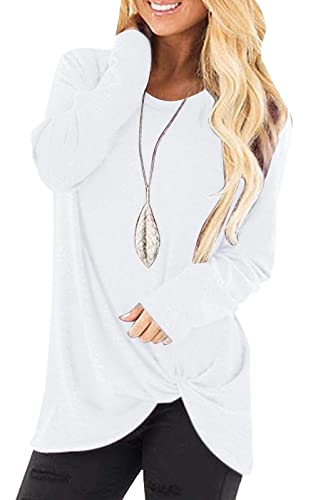 Livonmone Damen Langarmshirt Rundhals Oberteile Casual Lose Tshirt Einfarbige Langen Ärmeln Shirts Basic Baumwolle Tunika Bluse Tops (Weiß, L) von Livonmone