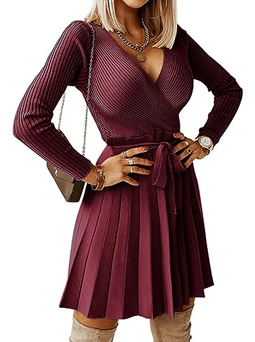 Damen Pulloverkleid Winter Langarm V-Ausschnitt Strickkleid Hohe Taille A-Linie Elegant Kurzkleid mit Abnehmbarer Gürtel (Burgund, XL) von Livonmone