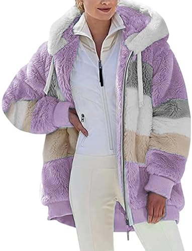Fleecejacke Hoodie Damen Kapuzenpullover Teddy-Fleece Warm Herbst Wintermantel Stilvoller ReißVerschluss Fellmantel PlüSchjacke Mit Taschen (Lila, XL) von Livonmone