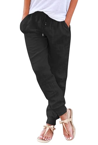 Hose Damen Sommer Casual Baumwolle Leinen Stoffhose Einfarbig Freizeithose Stretch Leicht Leinenhose Straight Leg Hose und Taschen(Z Schwarz, M) von Livonmone