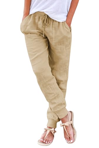 Hose Damen Sommer Casual Baumwolle Leinen Stoffhose Einfarbig Freizeithose Stretch Leicht Leinenhose Straight Leg Hose und Taschen (Z Khaki, L) von Livonmone