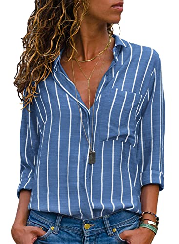 Livonmone Bluse Damen Langarm Casual Streifen Oberteile Hemd Lose V-Ausschnitt Langarmshirt Chiffon Blusen Tops Elegant (Blau, L) von Livonmone