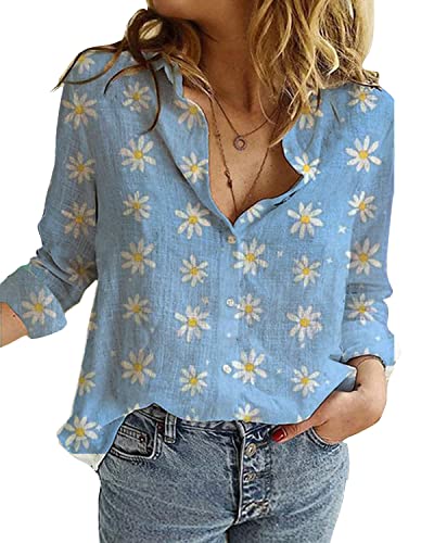 Livonmone Damen Casual Bluse Langarmshirt V-Ausschnitt Tunika Elegant Oberteile Hemd mit Knöpfen (Blau-2, S) von Livonmone