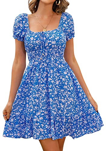 Livonmone Damen Kleid Lässig Sommerkleid Blumendruck Hohe Taille Kleider Puff Ärmel Retro Sexy Casual Tunika Beach Minikleid (Blau, M) von Livonmone