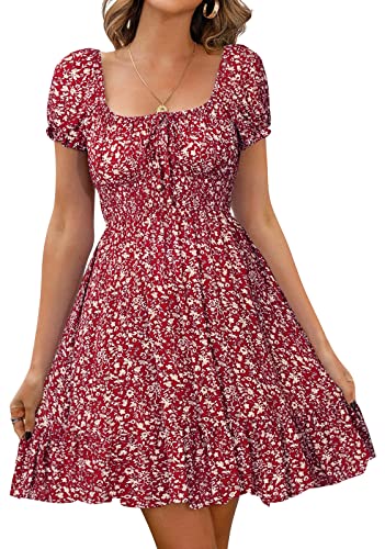 Livonmone Damen Kleid Lässig Sommerkleid Blumendruck Hohe Taille Kleider Puff Ärmel Retro Sexy Casual Tunika Beach Minikleid (Burgund, S) von Livonmone