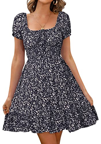 Livonmone Damen Kleid Lässig Sommerkleid Blumendruck Hohe Taille Kleider Puff Ärmel Retro Sexy Casual Tunika Beach Minikleid (Marine, S) von Livonmone