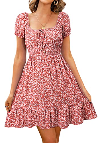 Livonmone Damen Kleid Lässig Sommerkleid Blumendruck Hohe Taille Kleider Puff Ärmel Retro Sexy Casual Tunika Beach Minikleid (Rosa, S) von Livonmone