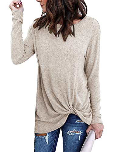 Livonmone Damen Langarmshirt Rundhals Oberteile Casual Lose Tshirt Einfarbige Langen Ärmeln Shirts Basic Baumwolle Tunika Bluse Tops (Beige, XL) von Livonmone