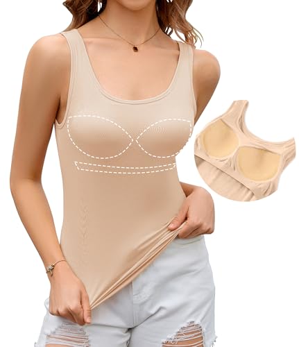 Livonmone Damen Sommer Tank Top Unterhemd Integriertem BH Ärmellose Yoga Workout Oberteil Aprikose S von Livonmone