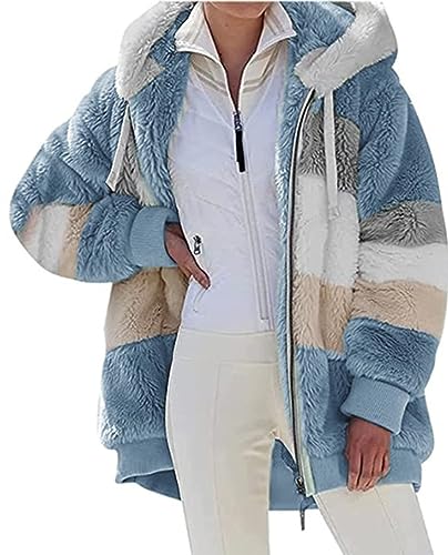 Livonmone Fleecejacke Hoodie Damen Kapuzenpullover Teddy-Fleece Warm Herbst Wintermantel Stilvoller ReißVerschluss Fellmantel PlüSchjacke Mit Taschen (Blau, XXL) von Livonmone