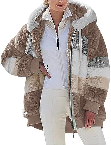 Livonmone Fleecejacke Hoodie Damen Kapuzenpullover Teddy-Fleece Warm Herbst Wintermantel Stilvoller ReißVerschluss Fellmantel PlüSchjacke Mit Taschen (Braun, L) von Livonmone