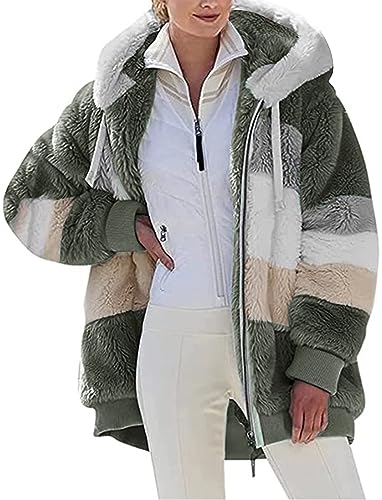 Livonmone Fleecejacke Hoodie Damen Kapuzenpullover Teddy-Fleece Warm Herbst Wintermantel Stilvoller ReißVerschluss Fellmantel PlüSchjacke Mit Taschen (Dunkelgrün, L) von Livonmone