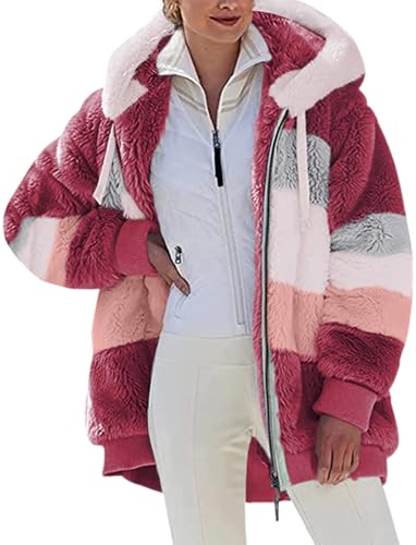Livonmone Fleecejacke Hoodie Damen Kapuzenpullover Teddy-Fleece Warm Herbst Wintermantel Stilvoller ReißVerschluss Fellmantel PlüSchjacke Mit Taschen (Rot, M) von Livonmone