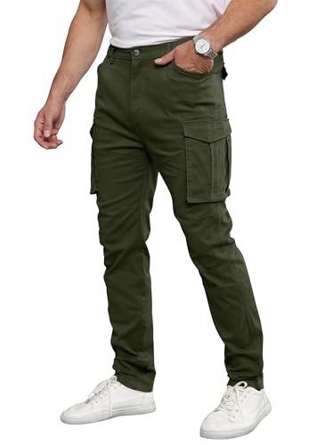 Livonmone Herren Cargohose Baumwolle Freizeithose Slim Fit Arbeitshose Chino Hose Outdoorhose mit 6 Taschen Armeegrün L von Livonmone