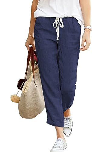 Livonmone Hose Damen Baumwolle Leinen Stoffhose Atmungsaktive Freizeithose Outdoorhose (Q-Dunkelblau, XL) von Livonmone