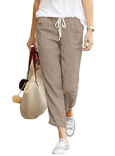 Livonmone Hose Damen Baumwolle Leinen Stoffhose Atmungsaktive Freizeithose Outdoorhose (Q-Khaki, M) von Livonmone