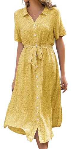 Livonmone Sommerkleid Damen Kurzarm Casual V-Ausschnitt Blumendruck Kleider Strandkleider Sexy Schlitz Midikleid Cocktailkleid Partykleid mit Gürtel (Gelb, XL) von Livonmone