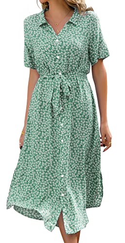 Livonmone Sommerkleid Damen Kurzarm Casual V-Ausschnitt Blumendruck Kleider Strandkleider Sexy Schlitz Midikleid Cocktailkleid Partykleid mit Gürtel (Grün, L) von Livonmone