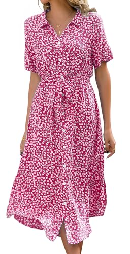 Livonmone Sommerkleid Damen Kurzarm Casual V-Ausschnitt Blumendruck Kleider Strandkleider Sexy Schlitz Midikleid Cocktailkleid Partykleid mit Gürtel (Rose Rot, L) von Livonmone