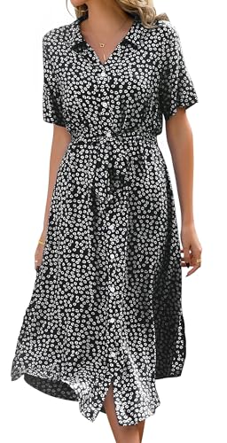 Livonmone Sommerkleid Damen Kurzarm Casual V-Ausschnitt Blumendruck Kleider Strandkleider Sexy Schlitz Midikleid Cocktailkleid Partykleid mit Gürtel (Schwarz, XXL) von Livonmone