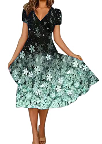 Sommerkleid Damen Kurzarm V-Ausschnitt Blumendruck A-Linie Kleid Midikleid Partykleid Freizeitkleid Strandkleid (A Grün, S) von Livonmone