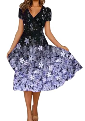 Sommerkleid Damen Kurzarm V-Ausschnitt Blumendruck A-Linie Kleid Midikleid Partykleid Freizeitkleid Strandkleid (A Violett, XXL) von Livonmone