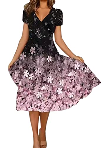 Sommerkleider Damen Kurzarm Lässig V-Ausschnitt Blumendruck A-Linie Kleid Midikleid Partykleid Freizeitkleid Strandkleider (A Rosa, L) von Livonmone