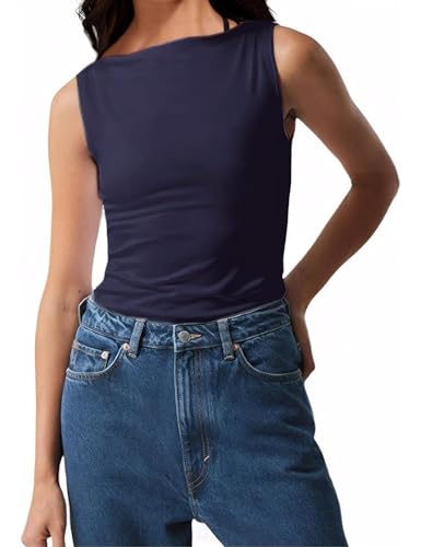 Livtany Damen Basic U-Boot-Ausschnitt Tank Top Solid Casual Ärmellos Tunika Weste Sommer Trendy Slim Fit Crop Cami Shirt Ausgehen, Blau, Mittel von Livtany
