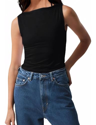 Livtany Damen Basic U-Boot-Ausschnitt Tank Top Solid Casual Ärmellos Tunika Weste Sommer Trendy Slim Fit Crop Cami Shirt Ausgehen, Schwarz, Mittel von Livtany