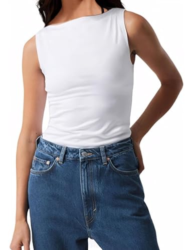 Livtany Damen Basic U-Boot-Ausschnitt Tank Top Solid Casual Ärmellos Tunika Weste Sommer Trendy Slim Fit Crop Cami Shirt Ausgehen, Weiss/opulenter Garten, Mittel von Livtany