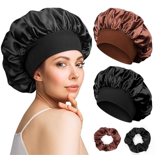 Liwein 2 Stück Schlafmütze mit 2 Stück Haargummis, Bonnet en Satin, Wiederverwendbare Bonnet, Silk Bonnet für Die Nacht,Schlafhaube Seide mit Gummizug, für Damen und Mädchen von Liwein