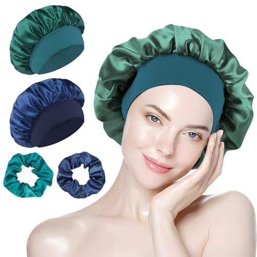 Liwein 2 Stück Schlafmütze mit 2 Stück Haargummis, Bonnet en Satin,Wiederverwendbare Bonnet,Silk Bonnet für Die Nacht,Schlafhaube Seide mit Gummizug,für Damen und Mädchen(Blau Grün) von Liwein
